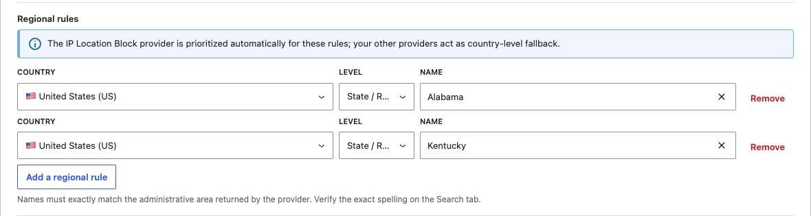 Regional rules for Alabama and Kentucky in the IP Location Block settings.