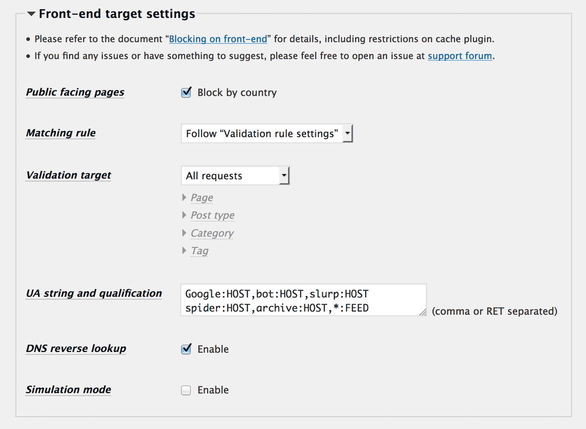 Front-end target settings