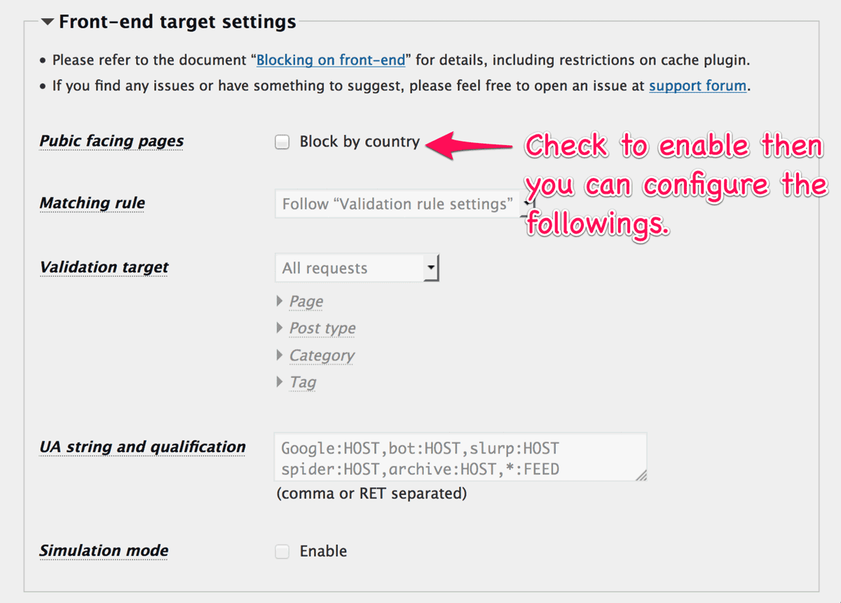 Front-end target settings