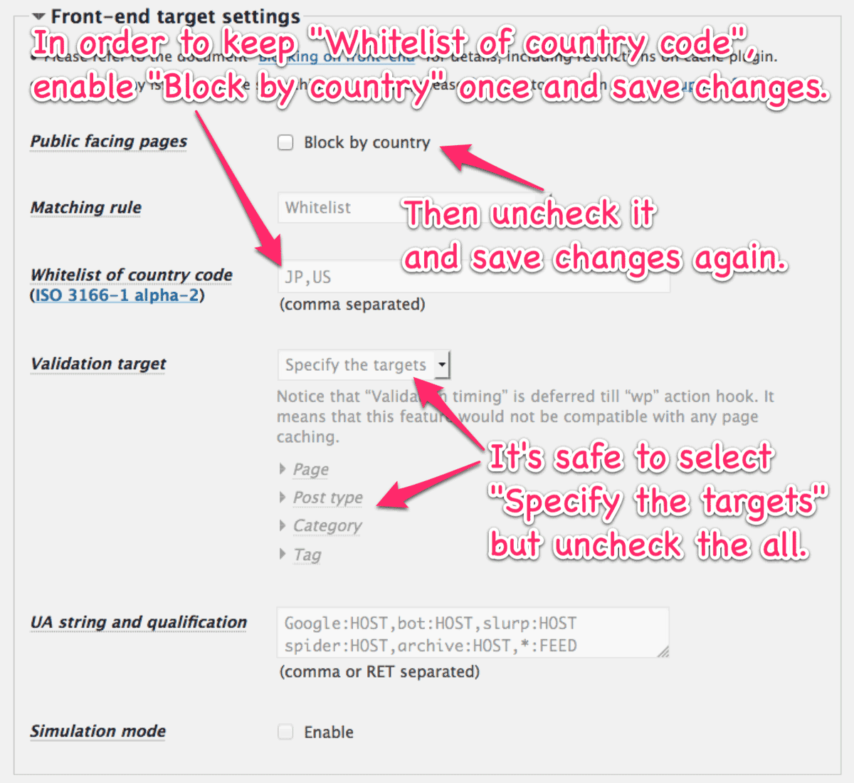 Front-end target settings for geo filtering