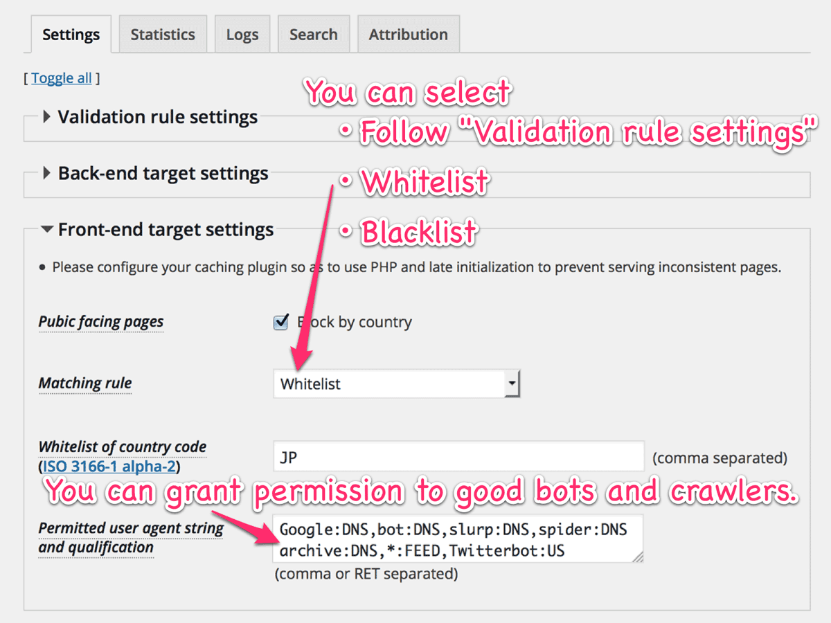 Front-end target settings