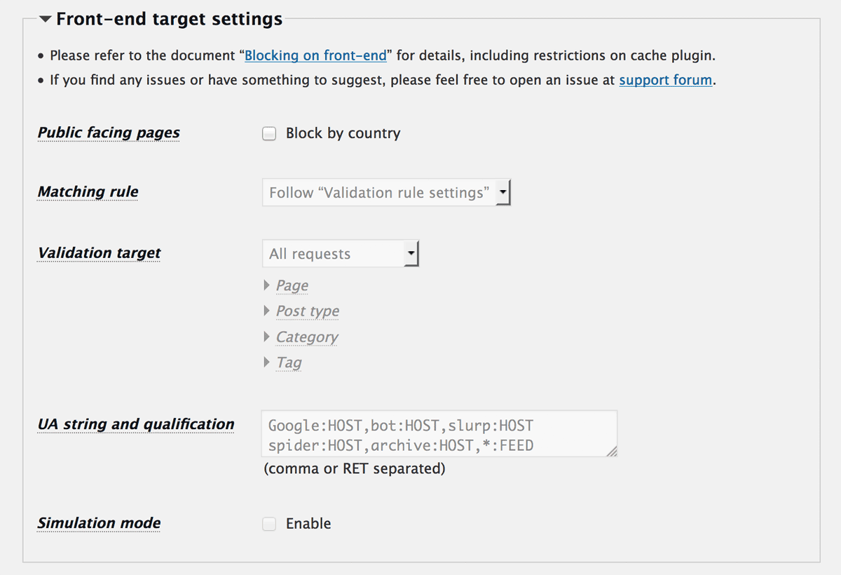 Front-end target settings