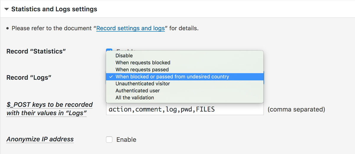 Statistics and Logs settings