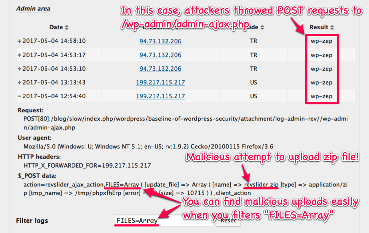 Malicious uploading in logs