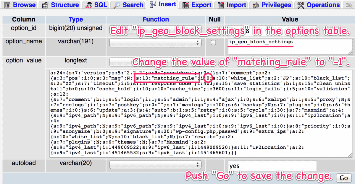 Change matching_rule via phpMyAdmin