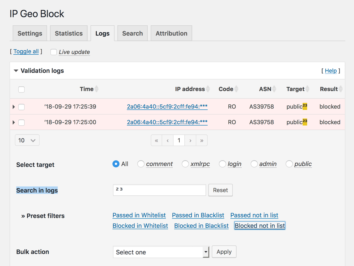 Preset filters at Search in logs