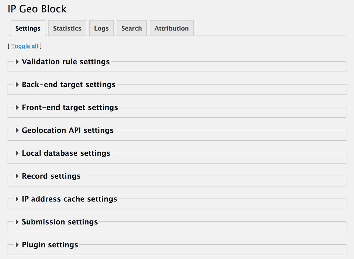All sections on Settings tab