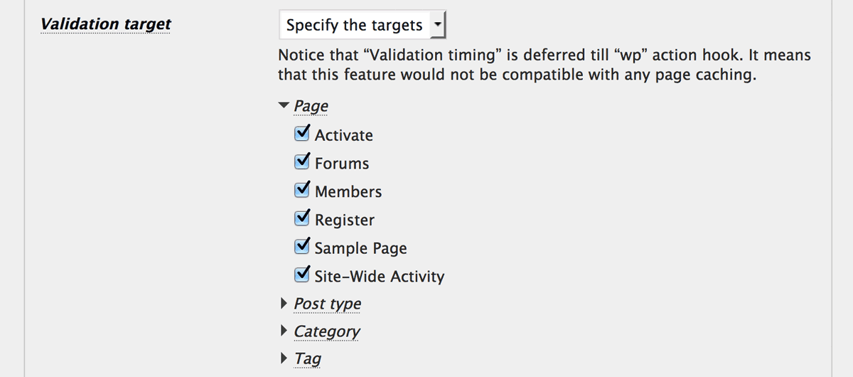 Front-end validation target settings