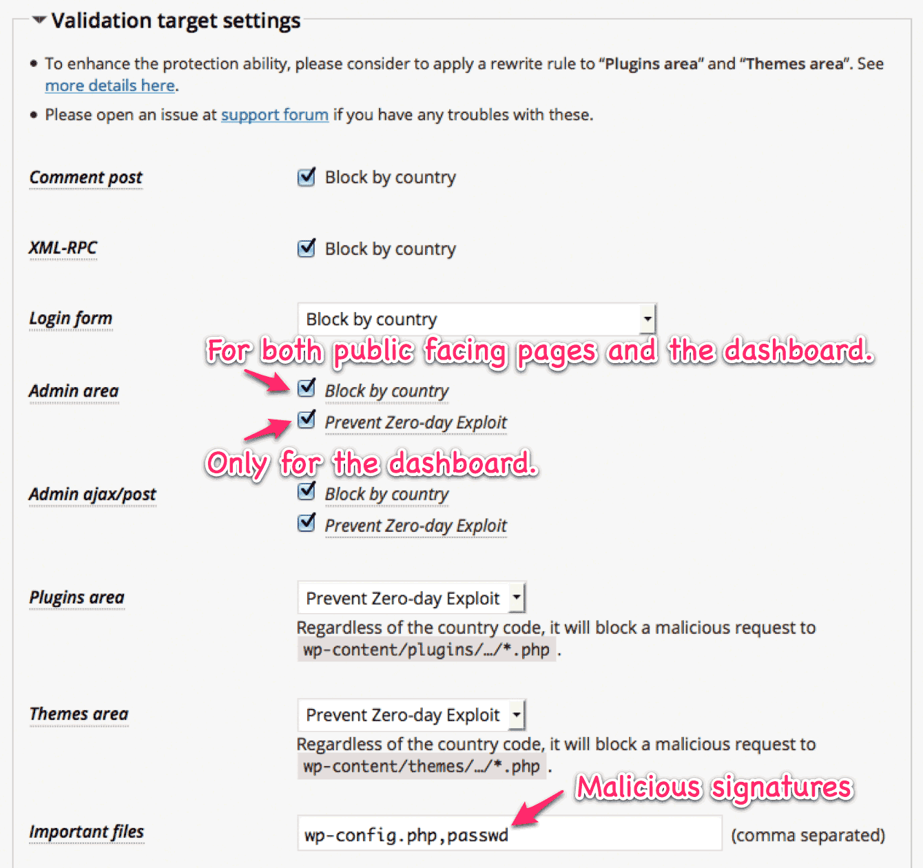 Validation target settings