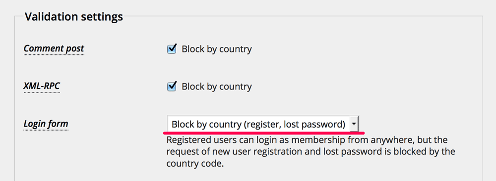 Block by country (register, lost password)